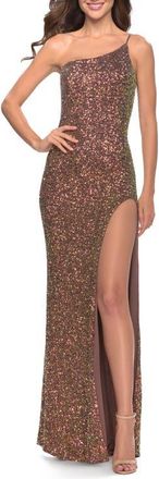 La Femme Elegant Soft Sequin One Shoulder Long Dress in Bronze at Nordstrom, Size 00