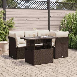 vidaXL Set Comedor De Jard&iacute;n 5 Piezas Y Cojines Rat&aacute;n Sint&eacute;tico Marr&oacute;n Vidaxl