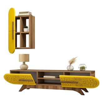 Dmora Parete Modular Busca, Mueble De Sal&oacute;n Modulable, 7 Estantes, 4 Puertas, Nogal Marr&oacute;n