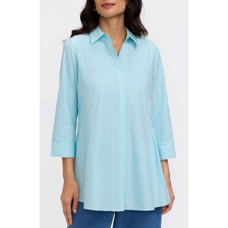 Foxcroft Cici Stripe Cotton Tunic Shirt in Capri Blue/White at Nordstrom, Size 12
