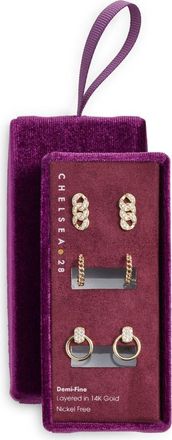 Chelsea28 3 Pairs of Demi Fine Link Earrings in Clear- Gold at Nordstrom