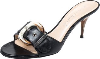 Casadei Black Leather Buckle Detail Slide Sandals