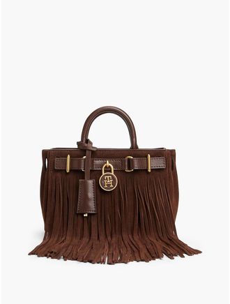 Tommy Hilfiger Womens Fringed Suede & Leather Micro Tote Bag - Fondant Brown