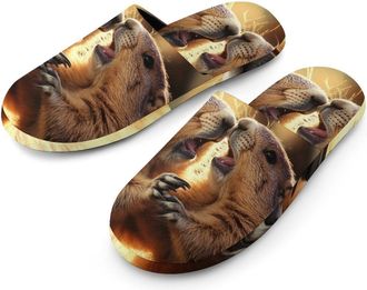 Generic Two Marmots Sunset Mens Slippers Flannel Warm House Shoes with Rubber Anti-Slip Sole Slip On for Home Outdoor