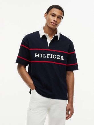 Tommy Hilfiger Mens Relaxed Fit Hilfiger Logo Rugby Polo - Navy - L