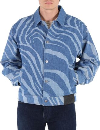 Roberto Cavalli Mens Blue Zebra Print Cotton Denim Jacket, Brand Size 50 (US Size 40)
