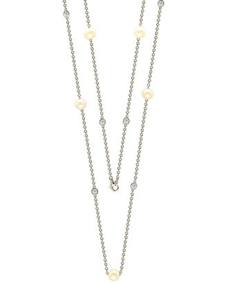 Suzy Levian Silver 3.90 Ct. Tw. Sapphire & 7-7.5Mm Pearl 26In Station Necklace