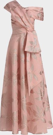 Talbot Runhof Metallic Floral Jacquard Draped One-Shoulder Gown