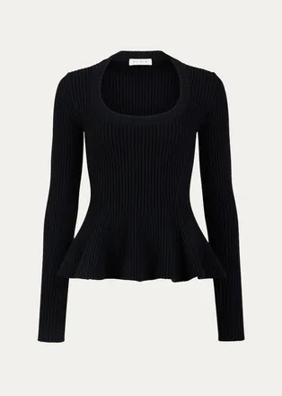 Alaia Wool Rib Long-Sleeve Peplum Top
