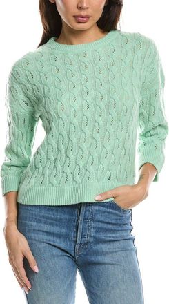 Fort&eacute; Cashmere 3/4-Sleeve Pointelle Cable Crewneck Cashmere Sweater