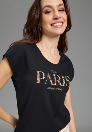 Bruno Banani T-Shirt BRUNO BANANI, Damen, Gr. 32/34, schwarz, Single Jersey, Obermaterial: 95% Baumwolle, 5% Elasthan, bedruckt, Basic h&uuml;ftlang, Rundhals, angeschn