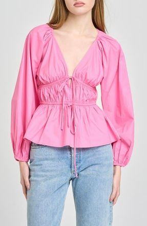Wayf Jess Drawstring Stretch Cotton Poplin Top in Poppy Pink at Nordstrom, Size X-Large
