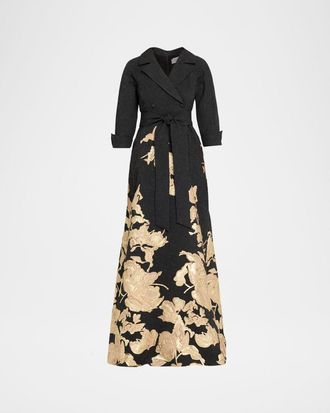 Teri Jon Metallic Floral Jacquard Shirt Gown
