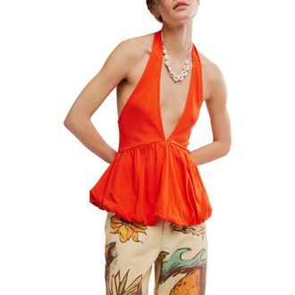 Free People Paige Peplum Halter Top in Tangerine Tango at Nordstrom, Size X-Large