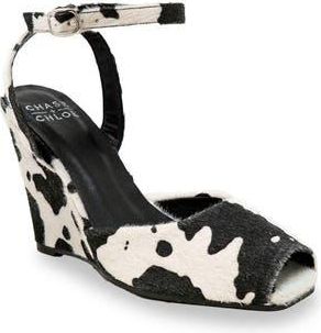 Chase + Chloe by Intouch Footwear Peep Toe Wedge Sandal in Black/White Cow at Nordstrom Rack, Size 5.5