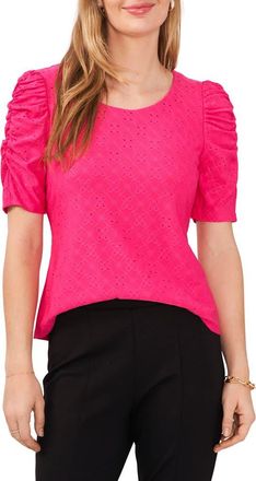 Chaus Embroidered Eyelet Ruched Sleeve Top in Bright Rose at Nordstrom, Size Small