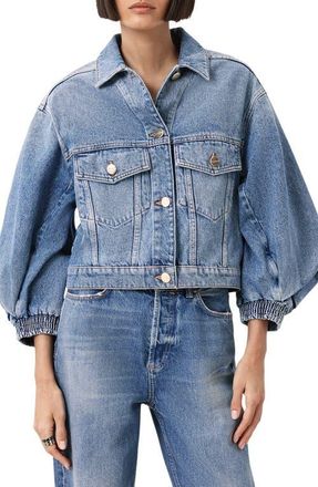 AllSaints Luca Balloon Sleeve Denim Trucker Jacket in Mid Indigo at Nordstrom, Size 10 Us