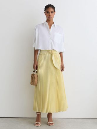Reiss Yellow Pleated Belted Midi Skirt, 16