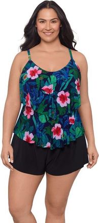 Trimshaper Ronnie 2 Tier Ruffle Plus Size Tankini Swimsuit Top in Jungle Oasis at Nordstrom, Size 22W