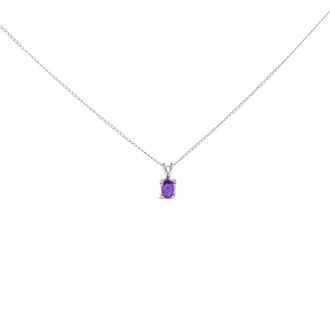 House of Brilliance 14K White Gold 6x4MM Oval Shaped Purple Amethyst Solitaire Pendant Necklace