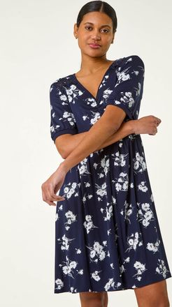 Roman Floral Print Lace Trim Stretch Dress