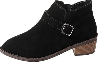 Generic Momolaa UK 7.5 Womens Classic Ankle Booties,Faux Leather Block Low Heel,Buckle Strap,Round Toe Black Brown Short Boots Side Zipper Booties Footwear 00