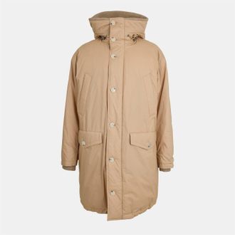 HUGO BOSS Mens Camin Solid Patterned Hooded Ribbed Cuff Waxed Jacket in Beige - Size 46 (Chest)