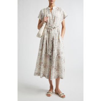 Eleventy Val Floral Linen Midi Shirtdress in Ivory/Raspberry at Nordstrom, Size 00 Us