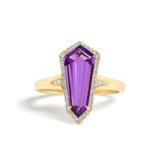 House of Brilliance 10K Yellow Gold Amethyst Shield and 1/6 Cttw Diamond Cocktail Ring
