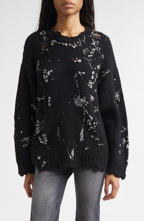 R13 Oversize Safety Pin Embellished Merino Wool Sweater in Black With Crystals And Pins at Nordstrom, Size Xx-Small