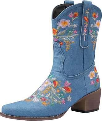 Generic Cowboy Boots for Women Square Toe Chunky Heel Womens Western Cowgirl Boots Fashion Embroidered Mid Calf Pull on Boot Light Blue