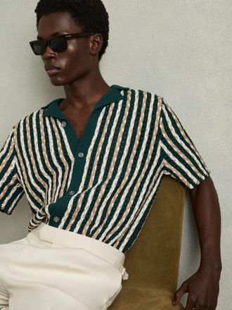 Reiss Green Textured-knit Cuban-collar Shirt, XS