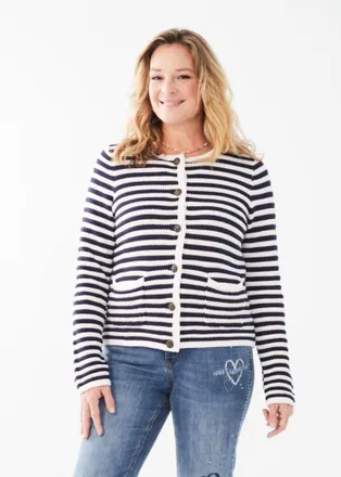 FDJ Wiley Crew Neck Cardigan In White And Navy Stripe