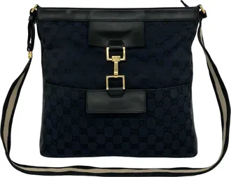 Gucci Black Navy Canvas Leather Shoulder Bag Tote Bag (Pre-Owned)