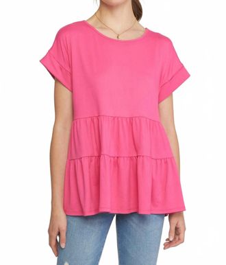 Entro Round Neck Short Sleeve Tiered Tunic In Pink