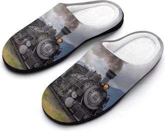 Generic Steam Locomotive Train Funny Mens Cotton Slippers Soft Non-Slip Rubber Sole House Slipper Indoor Outdoor