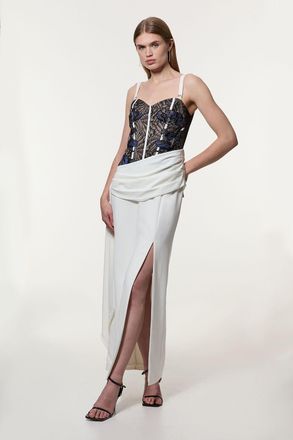 Karen Millen Womens Lace Applique Contrast Corseted Tailored Maxi Dress - Monochrome Multi - Size 12 UK