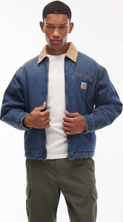 Carhartt Work in Progress OG Detroit - Giacca in denim blu vintage con fodera in pelliccia sintetica