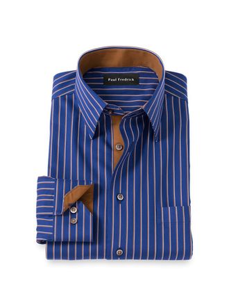 Paul Fredrick Slim Fit Comfort Stretch Non-iron Stripe Dress Shirt With Contrast Trim