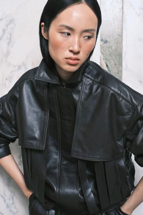 Karen Millen Womens Leather Tassel Collared Jacket - Chocolate - Size 16 UK