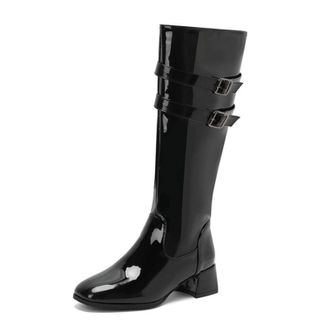 Generic Womens Knee High Boots with Buckle Detail - Patent Leather, Square Toe & Block Heel for Wedding, Party & Formal Events,Black,6.5 UK