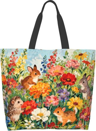 Generic Rabbits Hedgehog Flowers Tote Bag Durable Women Handbag Foldable Tote Bags For Daily Use Ladies Beach