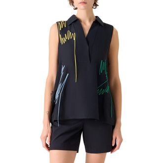 Akris Scribble Embroidered Linen A-Line Shirt in Black at Nordstrom, Size 10