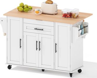 STILVORA Carro De Cocina Con 4 Puertas, 2 Cajones, Estantes Ajustables, Toallero Y Especiero, En Mdf, Blanco Y Natural, 136 X 70 X 92 Cm