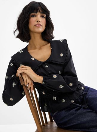Icone Womens Flower embroidery elastic-waist Peter Pan collar blouse