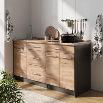 Vicco Bloque De Cocina Fame-line, Roble Dorado/antracita, 150 Cm, Et Antracita, Vicco