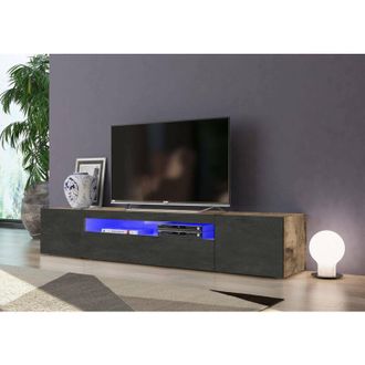 Dmora Mobile da soggiorno Porta tv, Made in Italy, Supporto per tv da salotto a 3 ante e ripiani, cm 200x40h37, colore Acero e Ardesia, con luce led blu