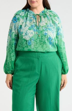 Tahari by ASL Floral Print Tie Neck Top in Green Blue at Nordstrom, Size 1X