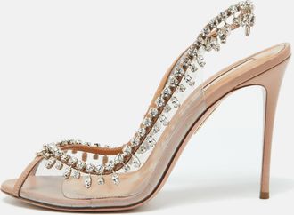 Aquazzura Beige Leather And Pvc Crystal Temptation Slingback Sandals