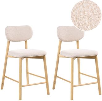 Beliani Set of 2 Bar Chairs Light Brown and Beige Boucle Rubber Wood Frame Upholstered Seat and Backrest Dining Room Kitchen MILLS